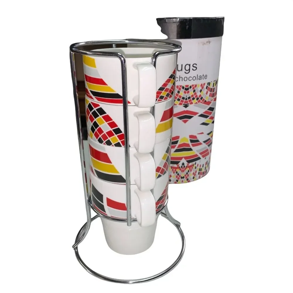 Retro MCM Set of 4 Geo Print Coffee Tea Chocolate Mugs Cups Drinkware